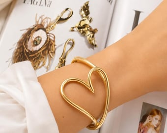 Gold Heart Bangle Bracelet - Gift For Her - Minimalist Open Cuff Love Jewelry