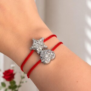 Red String Charm Bracelet - Pave Crystal Heart Star Gift for Her