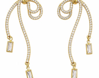 Gold Schleifen Ohrringe - Lange Ribbon Baumeln Ohrringe mit Baget Steinen
