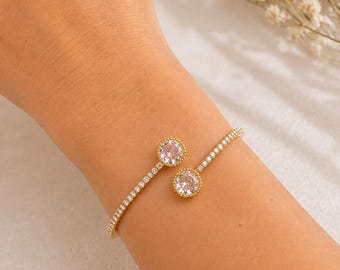 Gold Bypass Crystal Cuff Bangle - Dainty Open Tennis Bracelet for Her - Minimalist Wedding Jewelry,