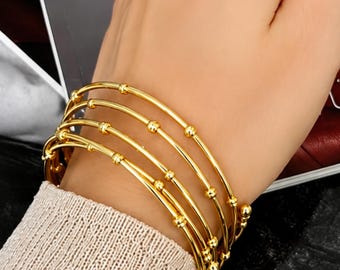 Gold Stacking Bangles - Set of 5 Beaded Bracelets - Dainty Layered Set