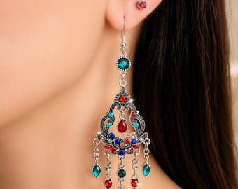 Bohemian Chandelier Earrings - Ethnic Silver Drop Earrings - Colorful Crystal Statement Jewelry