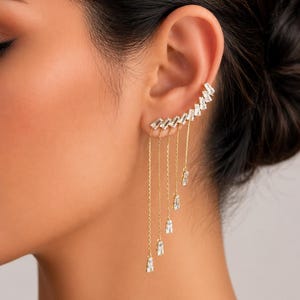 Gold Baguette Ear Climber - Crawler Cascade Fringe Dangle Earrings - Gift for Her