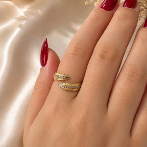 Gold Feather Ring - Adjustable Wrap Ring for Women - Dainty Crystal Leaf Band - Bohemian Jewelry