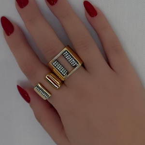 Modern Square Gold Ring - Geometric Bold Statement Band with Pave Zirconia
