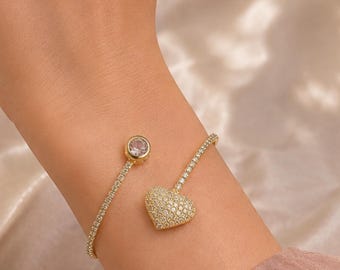 Mother’s Day - Gold Heart Cuff Bracelet - Open Bangle for Her- Romantic Gift