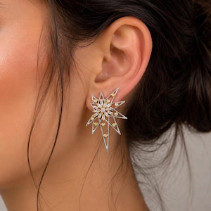 Silver Starburst Earrings - Large North Star Studs -  Celestial Bridal