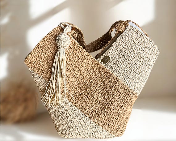 Crochet Raffia Straw Bag – Boho Woven Shoulder Bag, Minimalist