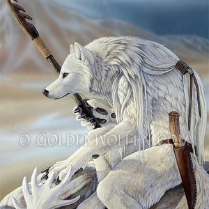 White Wolf with Spear on Tundra Print