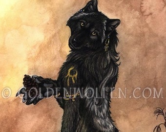 Black She-Wolf Wolf with Gold Jewelry Print