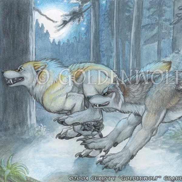 Werewolf Couple Running Through Forest Print