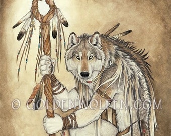 Native Anthro Wolf Shaman Print