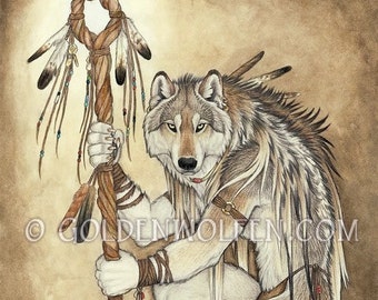 Native Anthro Wolf Shaman Print - Etsy