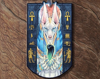 White Anubis Egyptian God Wooden Pendant