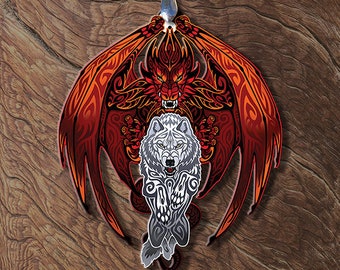 Red Dragon White Wolf Alliance Wooden Pendant