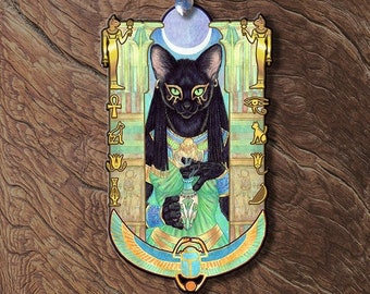 Bast Egyptian Cat Goddess Wooden Pendant