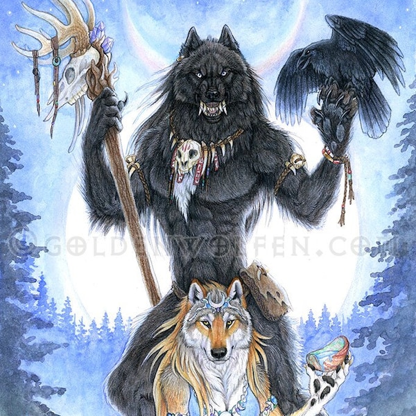 Wolf Werewolf Couple Under Full Moon Print