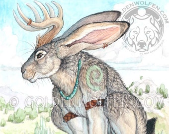 May include: A watercolour painting of a jackrabbit with antlers, wearing a turquoise necklace and a brown leather strap around its leg. The jackrabbit is sitting on a rock with a green background.