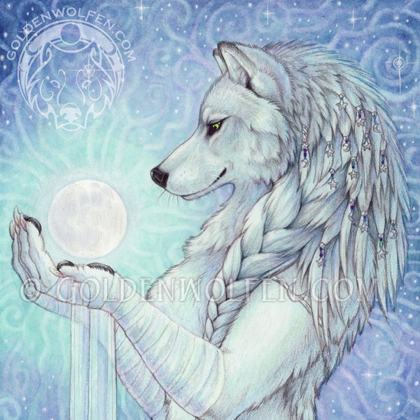 White Wolf with Cosmic Full Moon Print