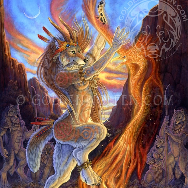 Anthro Wolf Werewolf dancing with Firebird Print