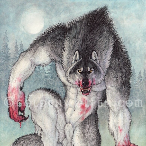 Aggressive Snarling Bloody Werewolf Print