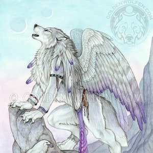 May include: A white wolf with feathered wings and purple accents stands on a rocky outcrop, howling at the moon. The wolf is wearing jewelry and a purple sash. A white bird sits on the rock below the wolf.