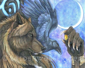 Contemplative Anthro Wolf Werewolf with Crow Print