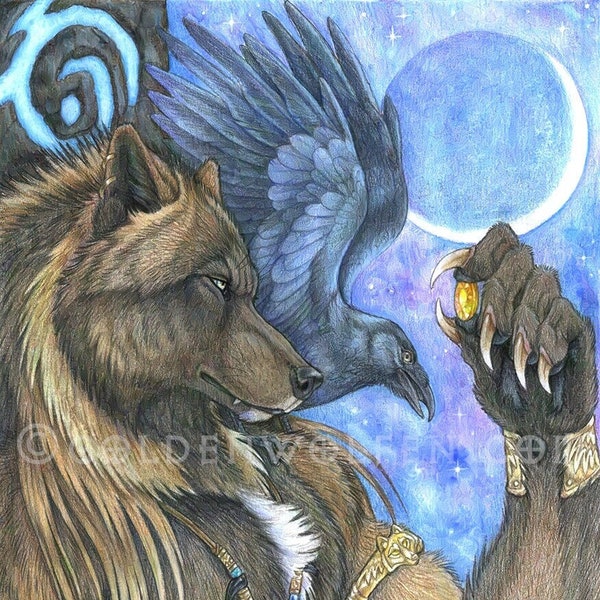 Contemplative Anthro Wolf Werewolf with Crow Print