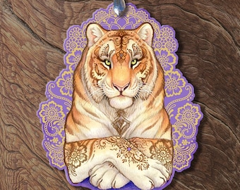 Mehndi Henna Tigress Tiger Wooden Pendant