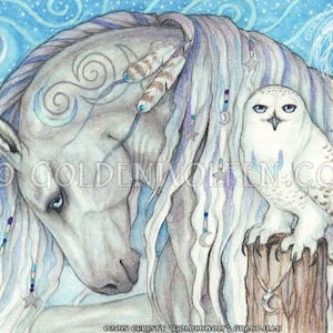 Mystical Silver Gray Horse and Snowy Owl Print