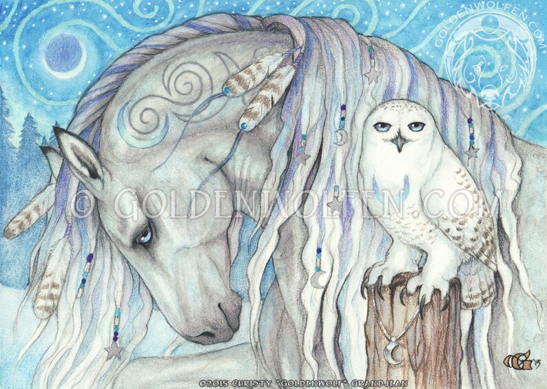 Mystical Silver Gray Horse and Snowy Owl Print image 1