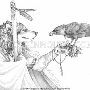 Elder Wolf with Raven Companion Print