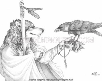 Elder Wolf with Raven Companion Print