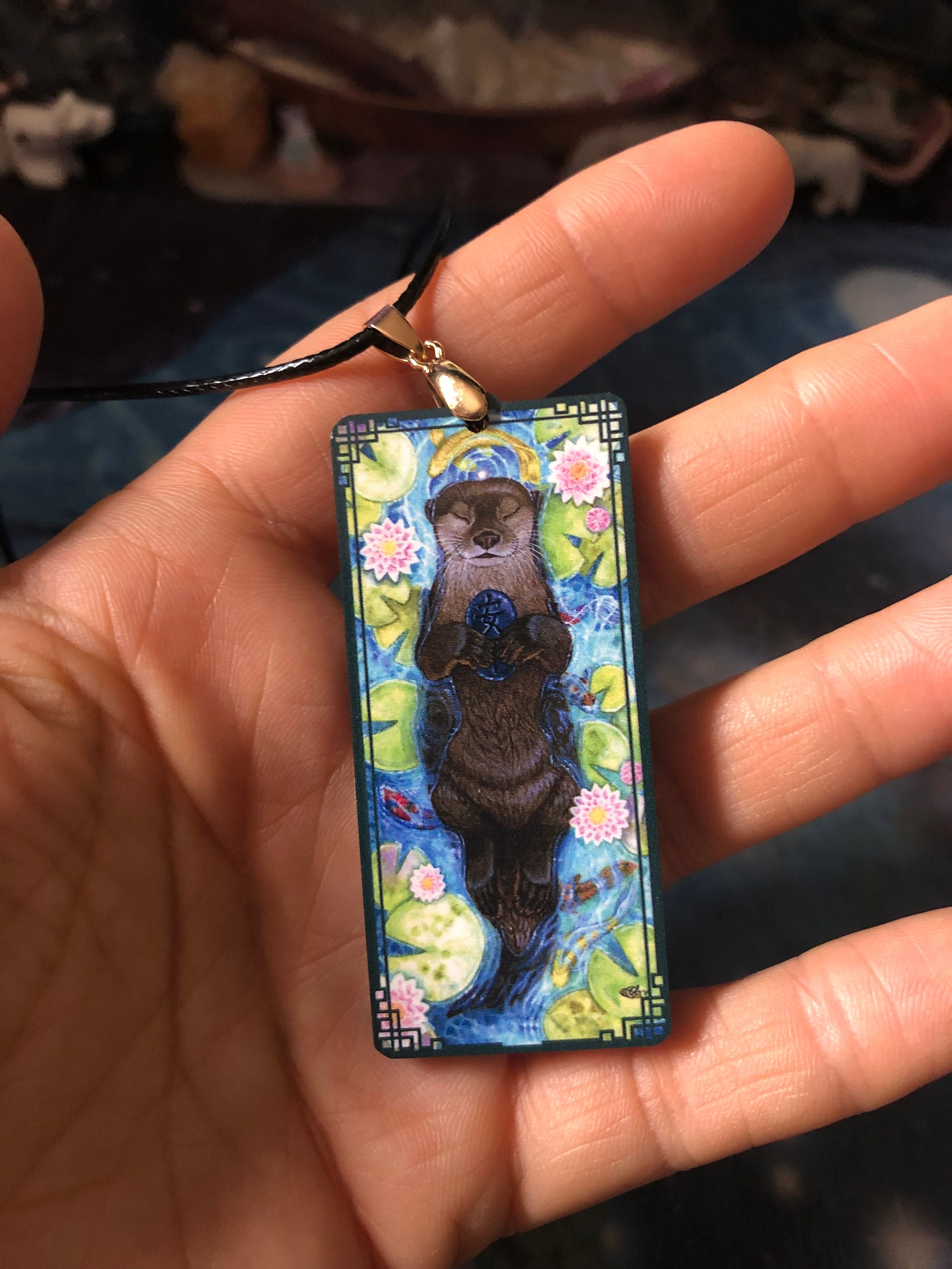 Tranquil Otter with Koi Fish and Lillypads Wooden Pendant