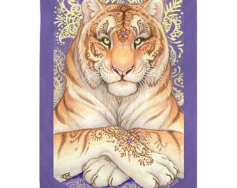 May include: A white tiger with intricate henna-like patterns on its paws, sitting with its paws crossed in front of it. The tiger has a purple gem on its forehead and is set against a purple background with gold floral patterns.