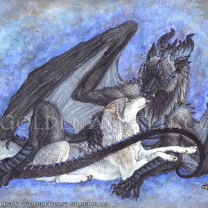 Odd Couple Dragonwolf and Wolf Cuddle Print