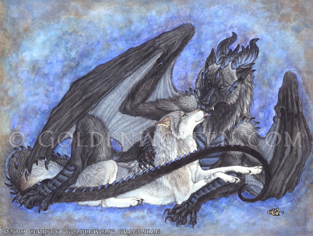 奇妙なカップルのドラゴンウルフとオオカミの抱き合うプリント, image size:1100x830