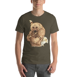 May include: A brown bear with a white axe and a gold necklace, wearing a brown leather strap around its arm, is printed on a dark green t-shirt.