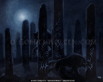 Werewolves Amongst Standing Stones Under Full Moon Print