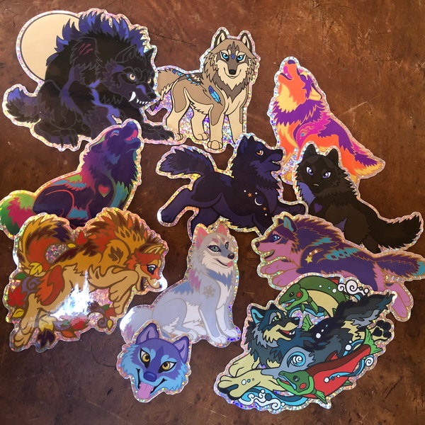 Wuffies Chibi Cute Wolf Wolves Glitter Stickers