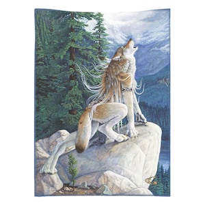 May include: A painting of a wolf-like creature howling at the moon. The creature is standing on a rock with a forest in the background. The creature has long, flowing hair and a muscular build.