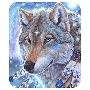 May include: A white wolf with blue eyes and a blue and white feather headdress. The wolf is set against a blue and purple starry night sky.