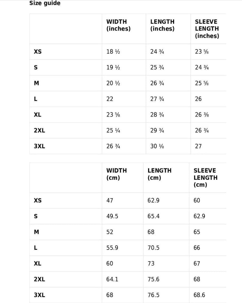 May include: Size guide for a garment with measurements in inches and centimeters. The table shows the width, length, and sleeve length for sizes XS to 3XL.