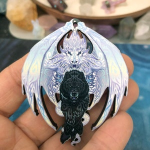 White Dragon Black Wolf Unity Wooden Pendant