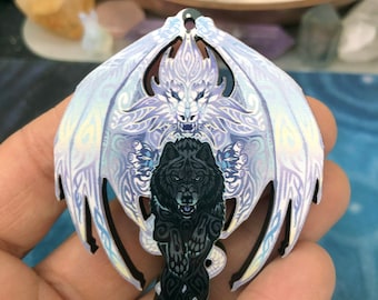 White Dragon Black Wolf Unity Wooden Pendant