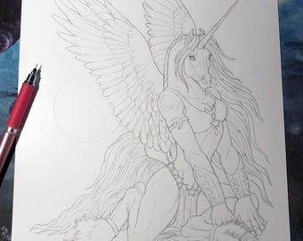Vrouwelijke Anthro Unicorn Pegasus-potloodtekening