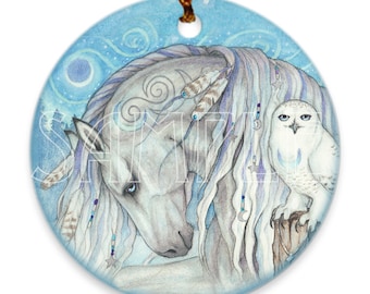 Winter Fantasy Horse And Snowy Owl Porcelain Ornament