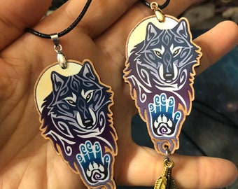 Wolf Handprint Tribal Design Multicolor Wooden Printed Pendant