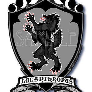 May include: A black and gray heraldic shield with a black wolf howling at the moon. The shield is surrounded by a crown and five crescent moons. The text "Lycanthropus" is on a banner below the shield. The text "Cave" and "Luna" are on banners on either side of the shield.