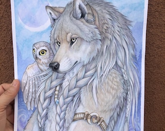 Anthro Gray She Wolf and Owl Original Mixed Media